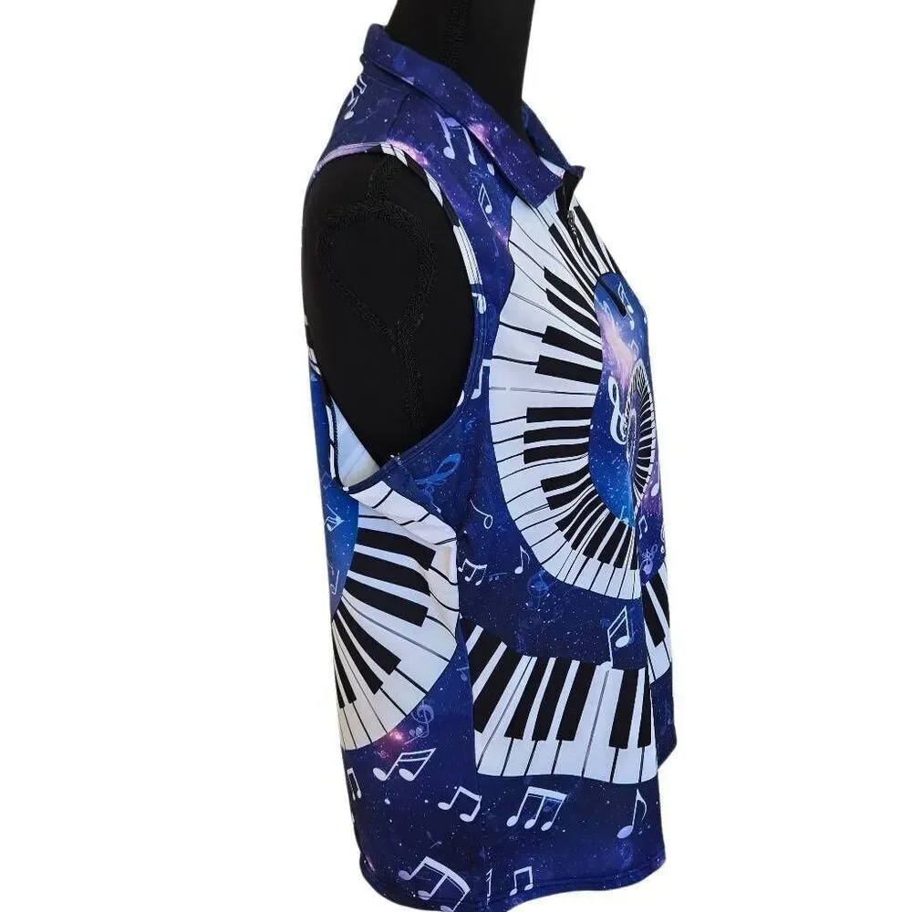 Womens Sleeveless Polo Top Featuring Print of Piano Keys and Musical Notes Size - Picture 5 of 8